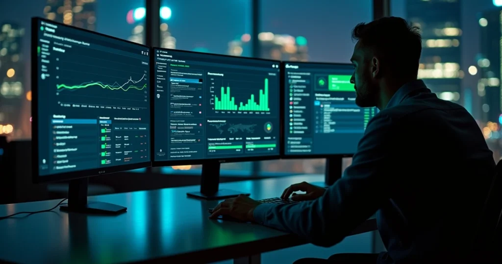 Gestor analisa painel de analytics com gráficos de grupos WhatsApp em vários monitores