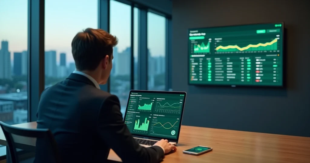 Gestor analisando painel de resumos automáticos de grupos WhatsApp em notebook