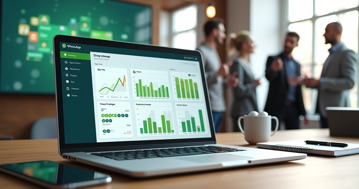 Painel de WhatsApp analytics com métricas de grupos em destaque na tela