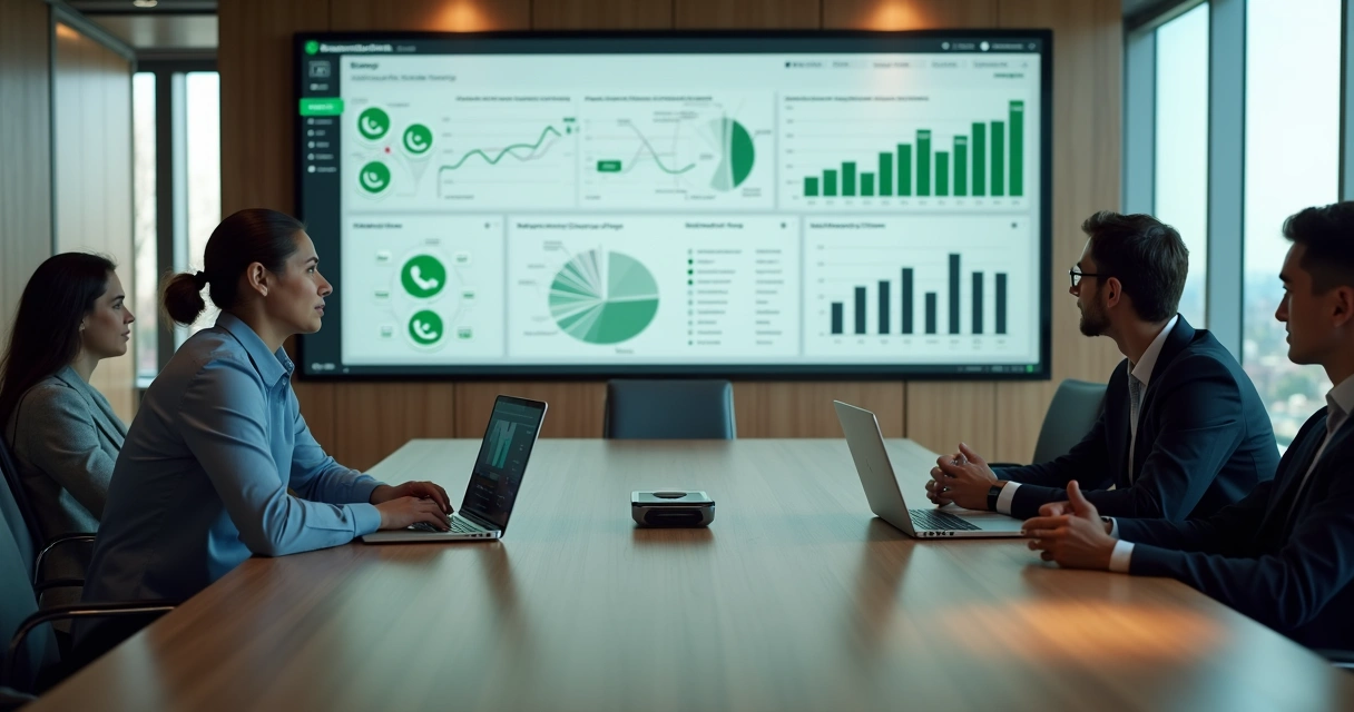 Gestor analisando painéis de dados de comunidades no WhatsApp em ambiente corporativo
