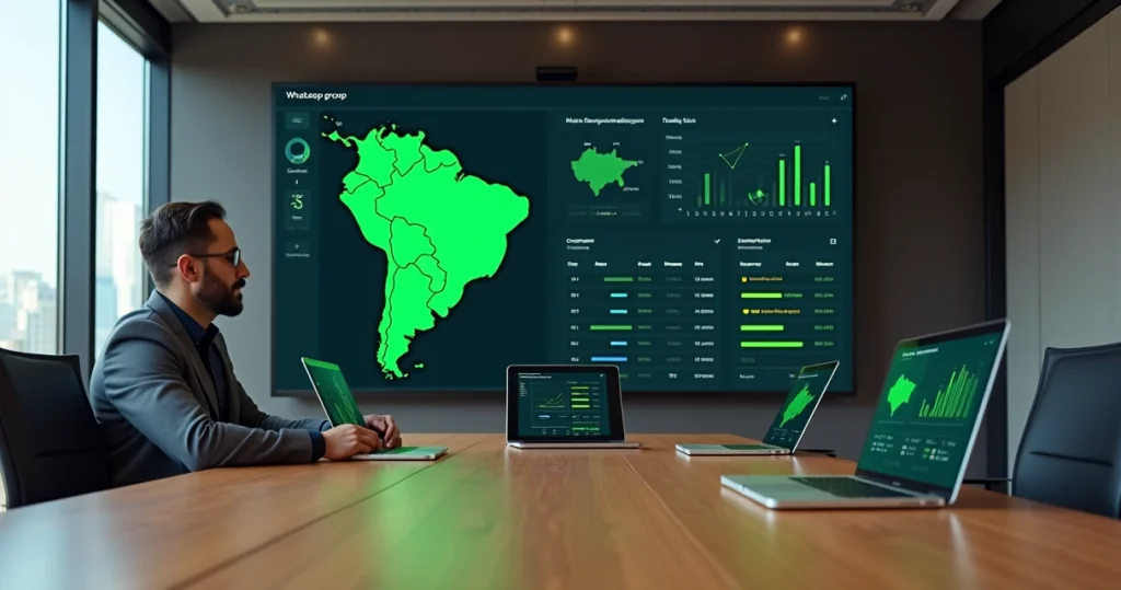 Gestor analisando dashboard com grupos regionais de WhatsApp em mapa e gráficos