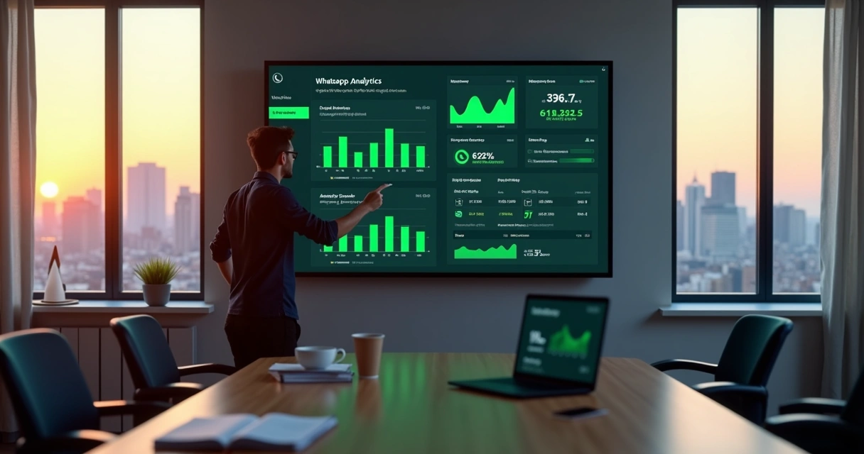 Gestor analisando métricas em dashboards de grupos WhatsApp em tela grande