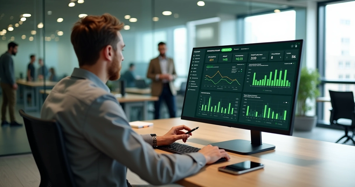 Gestor analisando painel de analytics com múltiplos grupos de WhatsApp empresariais