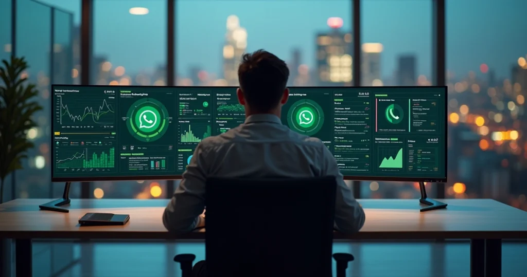Gestor analisando painel com vários grupos de WhatsApp e métricas em tempo real