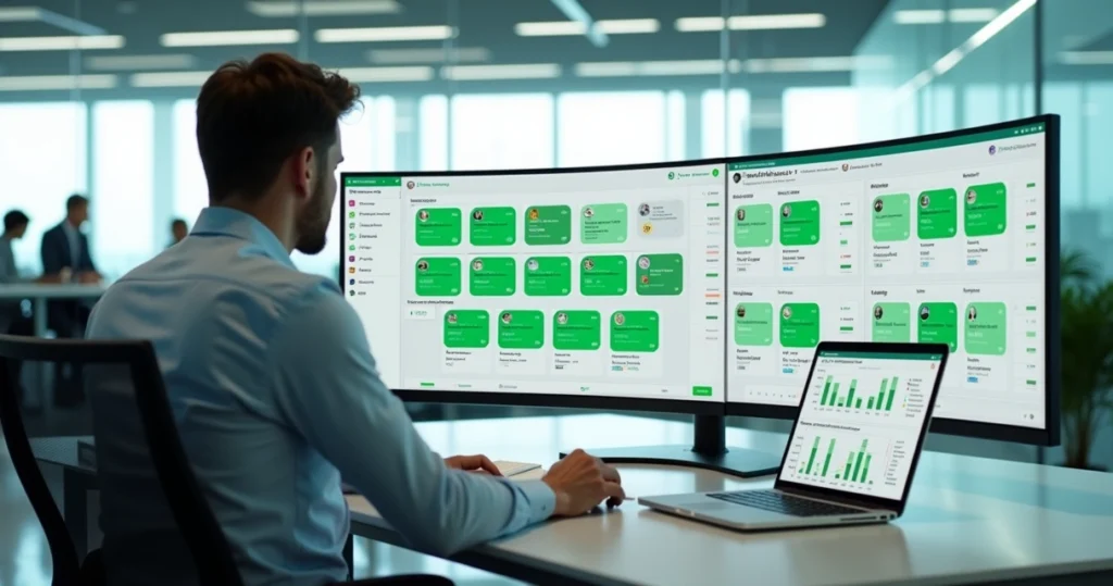 Gestor monitorando grupos WhatsApp de várias filiais em painel de controle