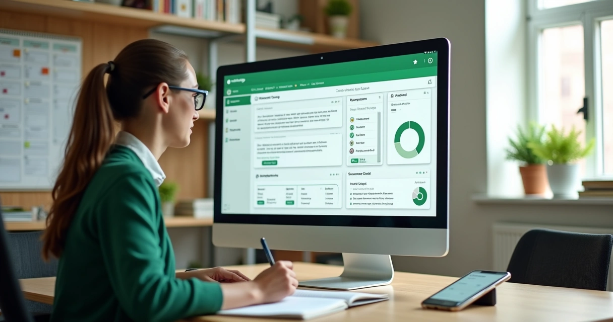 Coordenador escolar gerenciando turmas pelo WhatsApp em painel organizado no computador