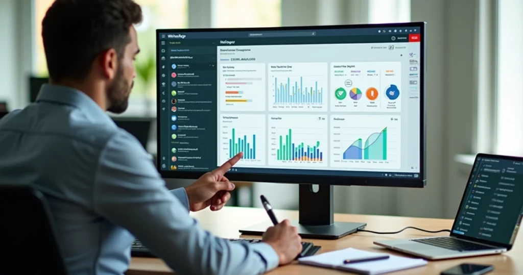 Gestor analisa painel de métricas do WhatsApp com muitas mensagens filtradas por dashboards