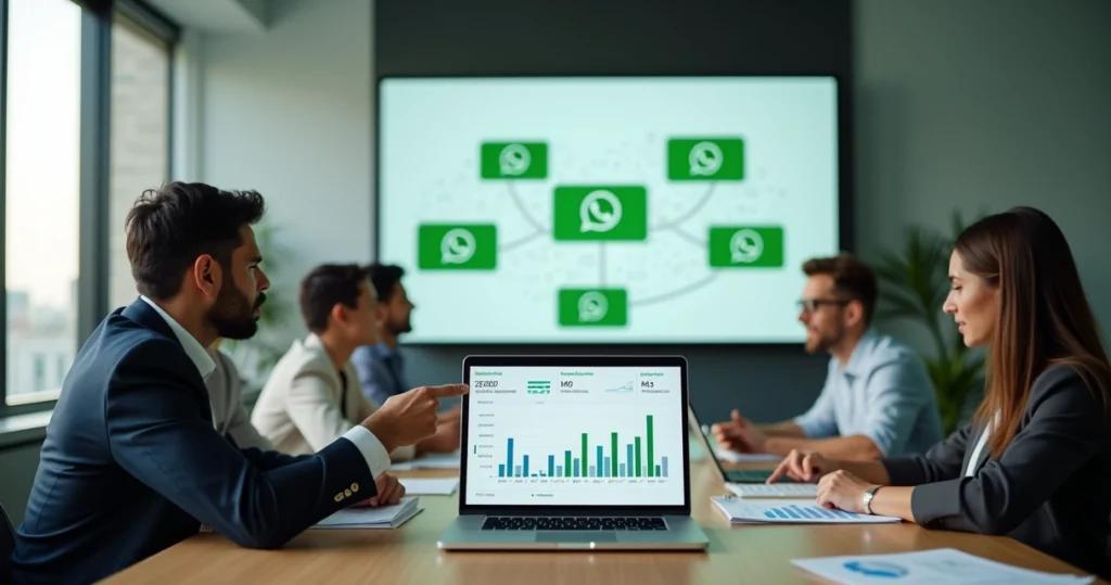 Gestor analisando painel de métricas de comunidades de revendedores no WhatsApp em ambiente corporativo