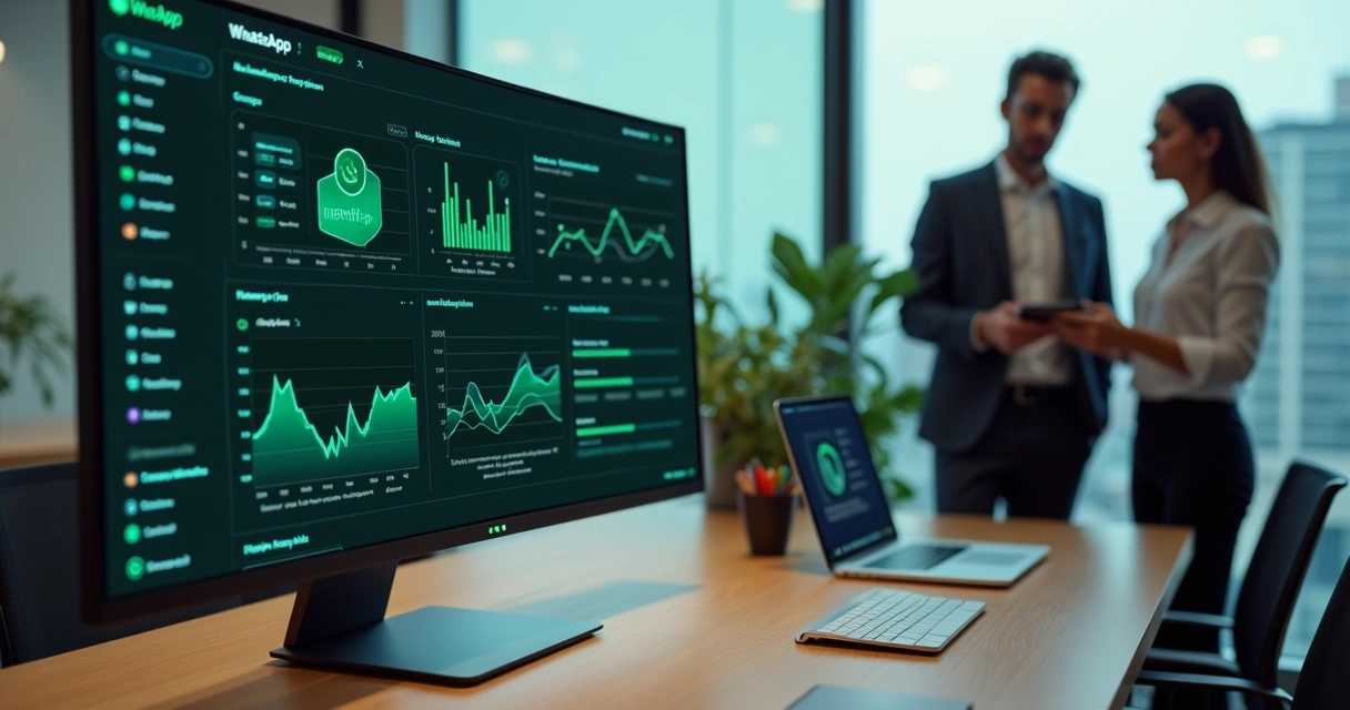 Painel de analytics monitorando automaticamente múltiplos grupos WhatsApp em ambiente corporativo