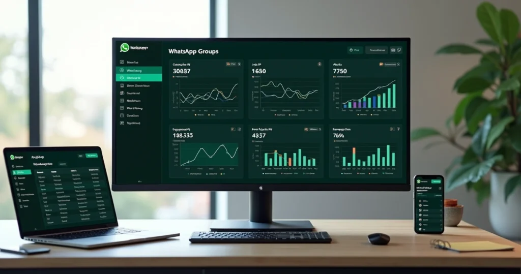 Dashboard mostrando múltiplos grupos WhatsApp sendo monitorados em tempo real