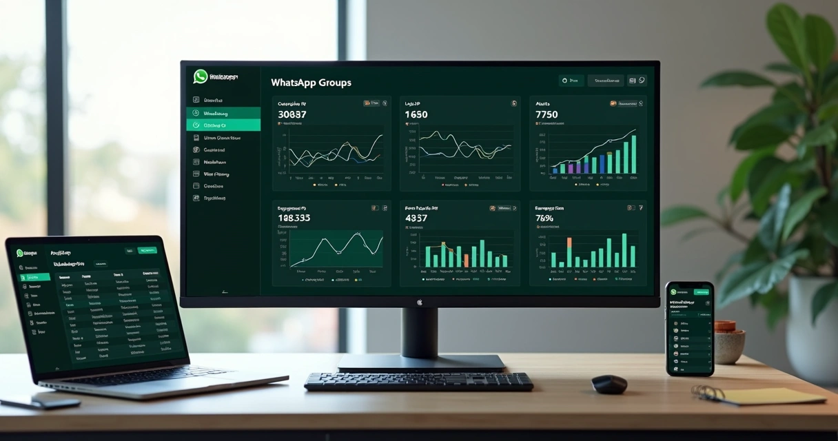 Dashboard mostrando múltiplos grupos WhatsApp sendo monitorados em tempo real