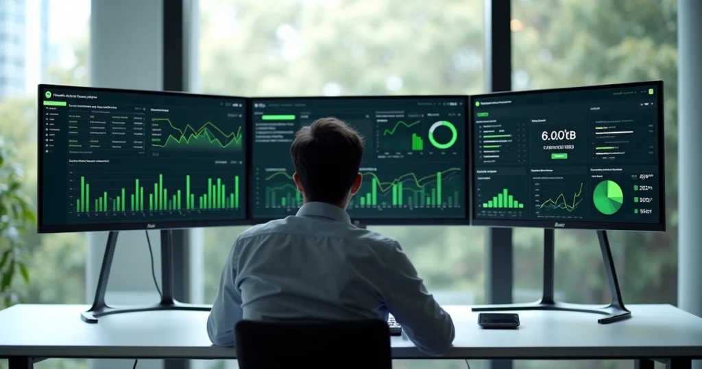 Gestor analisando dashboard consolidado de grupos WhatsApp em vários monitores
