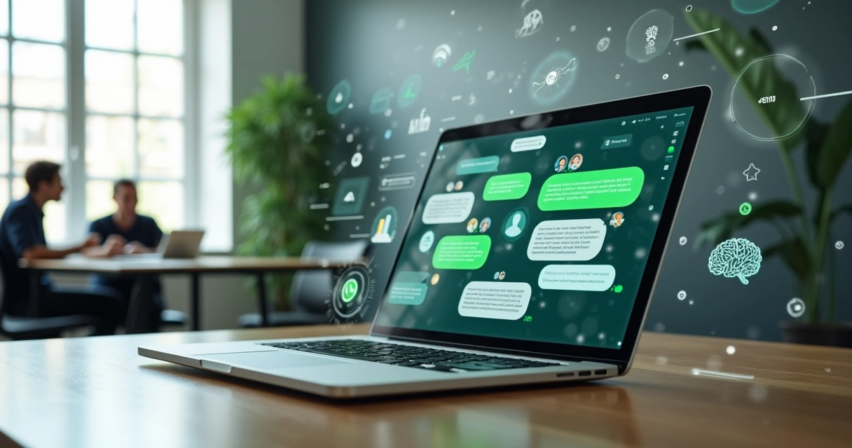 Painel com grupo de WhatsApp em destaque e ícones de inteligência artificial conectados