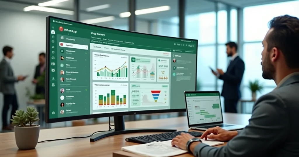 Painel com grupos de WhatsApp exibindo métricas de engajamento em rede de parceiros B2B