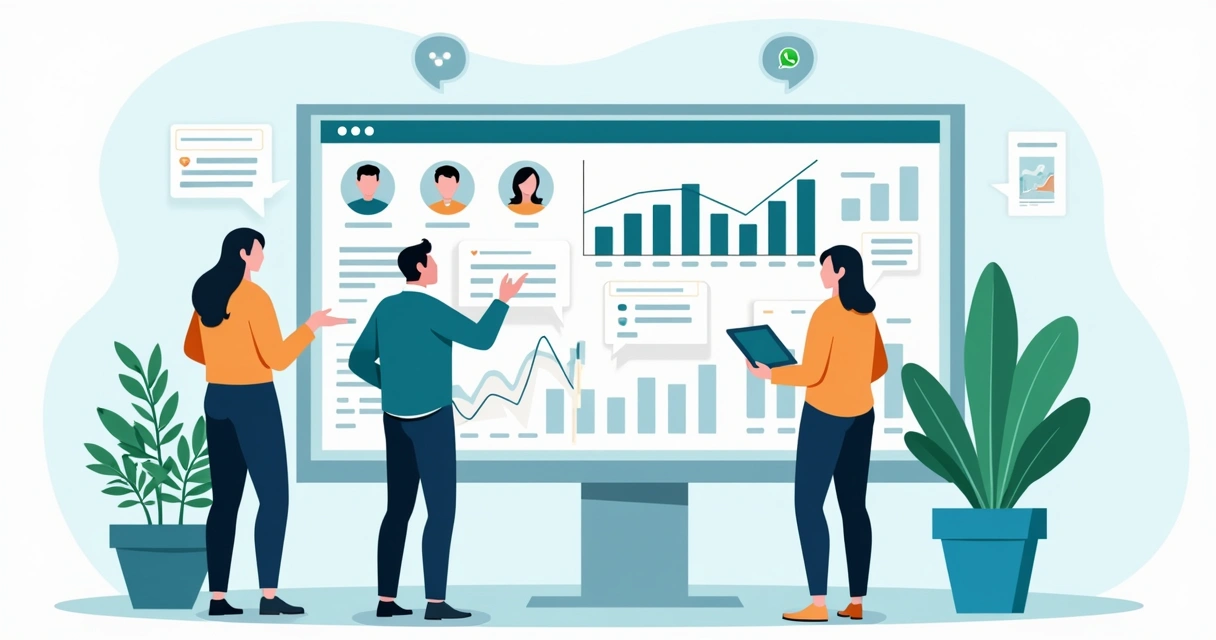 Ilustração corporativa flat de profissionais analisando gráficos e métricas de engajamento em tela digital com ícones de chat e grupos ao fundo