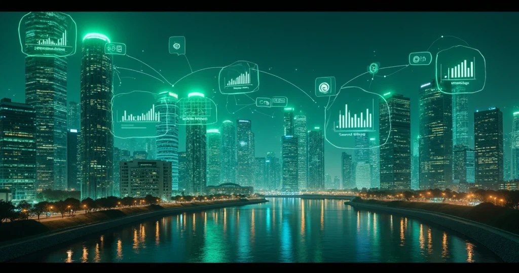 Cidade futurista com bolhas de conversa e gráficos flutuando no céu noturno