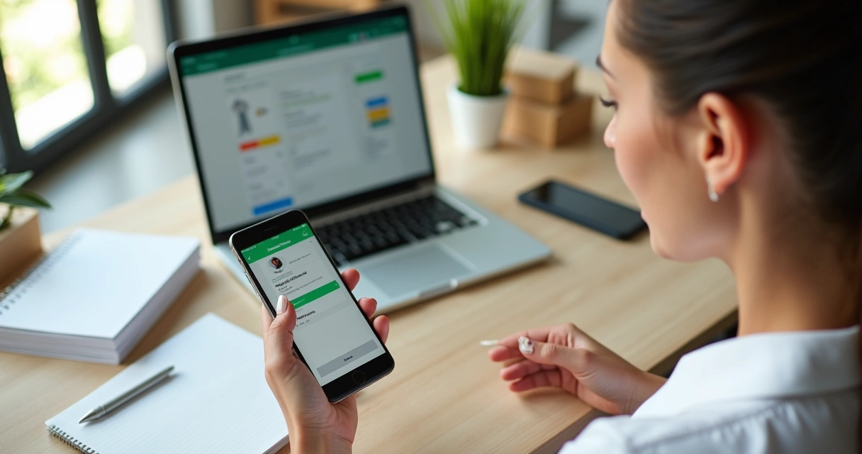 Empreendedora configurando WhatsApp Business no celular sobre mesa com elementos de gestão
