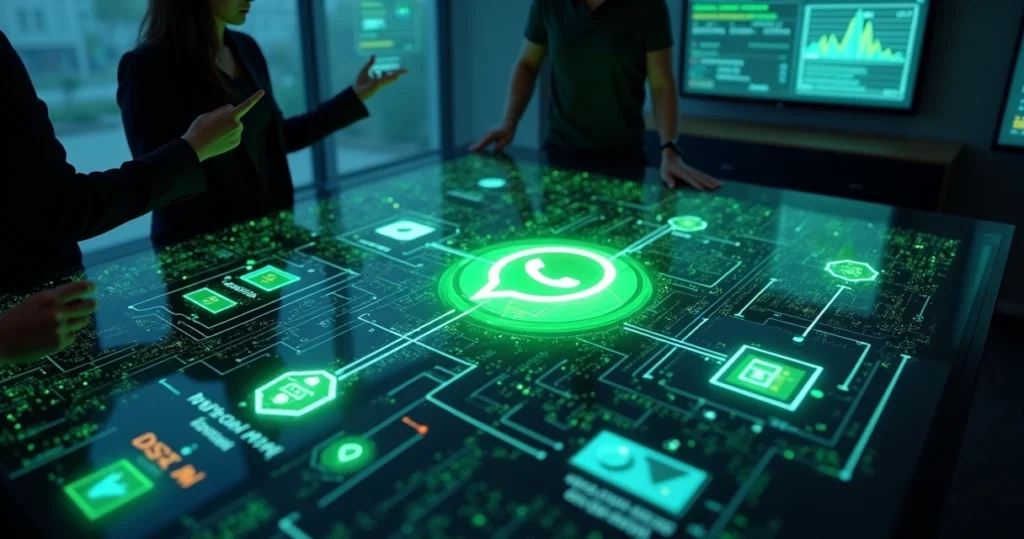 Fluxo visual de mensagens WhatsApp passando por API e painel de analytics
