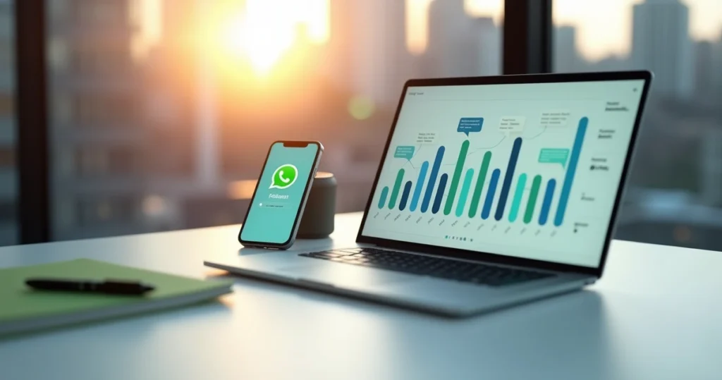 Smartphone com tela de instalação do WhatsApp ao lado de painel de analytics colorido