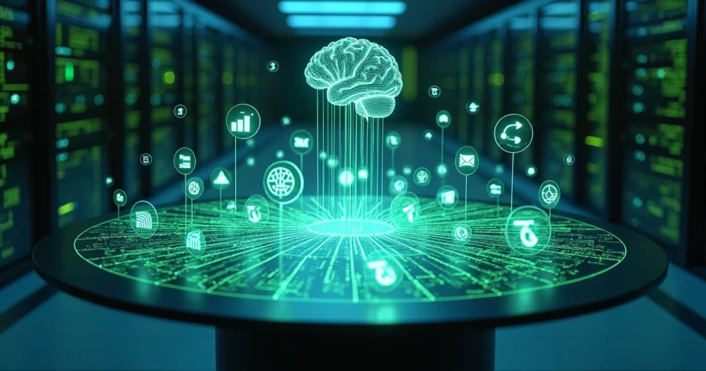 Rede de grupos WhatsApp conectados a holograma com gráficos de dados e IA