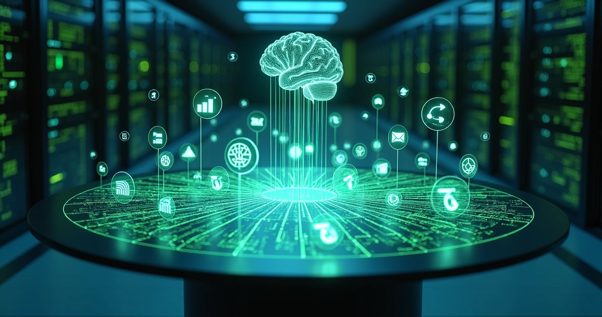 Rede de grupos WhatsApp conectados a holograma com gráficos de dados e IA