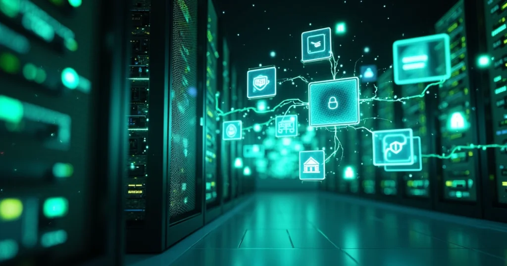 Servidor com conexões representando API do WhatsApp e múltiplos grupos interligados