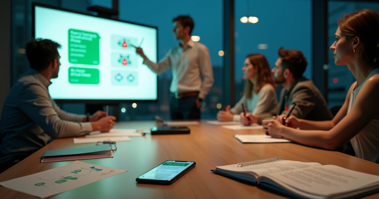 Equipe em sala de treinamento avaliando riscos de uso do WhatsApp em gestão de comunidades
