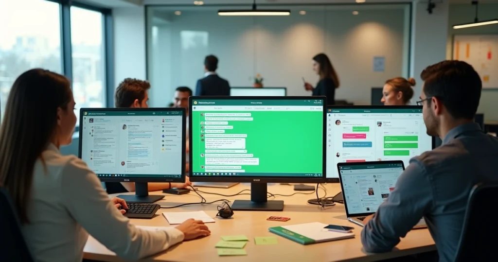 Mesa com vários computadores gerenciando comunidades no WhatsApp Business pelo PC