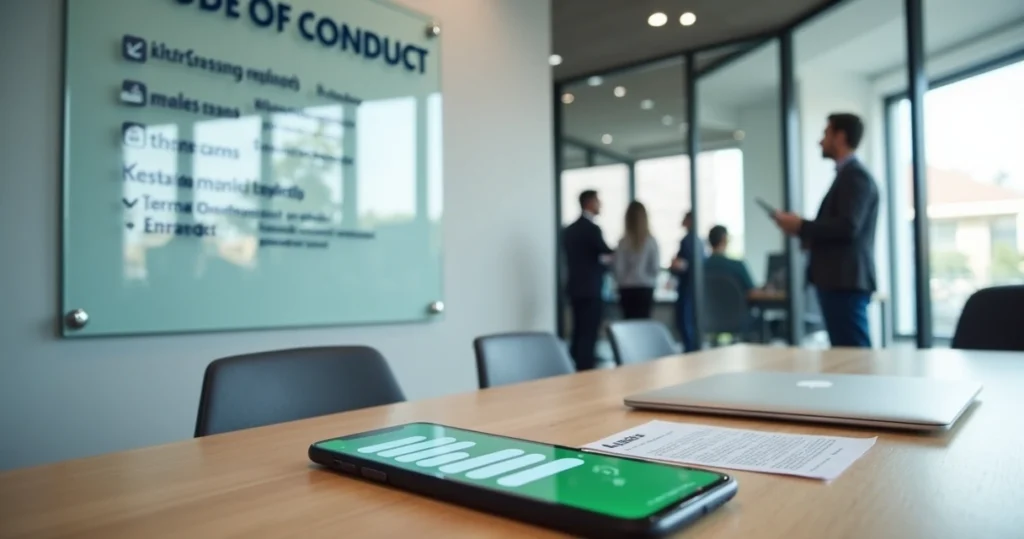 Quadro de regras corporativas ao lado de smartphone com grupo de WhatsApp aberto