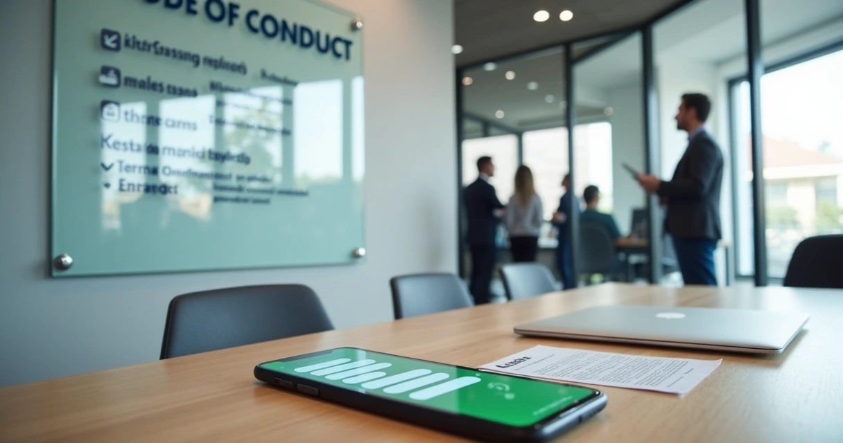 Quadro de regras corporativas ao lado de smartphone com grupo de WhatsApp aberto