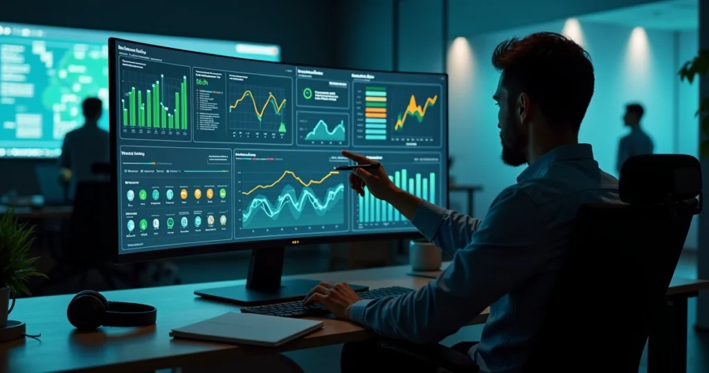 Gestor analisando dados de grupos WhatsApp em grande monitor com gráficos